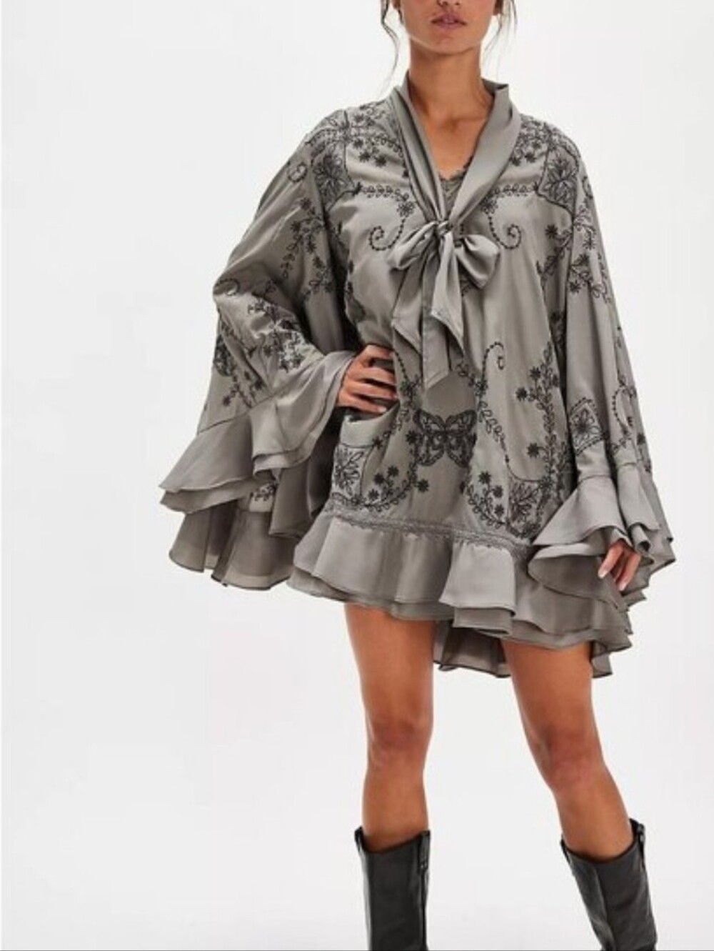 FREE PEOPLE Bali September Sun Mini Dress/Tunic Charcoal Grey Medium NWT$298 - Picture 7 of 12
